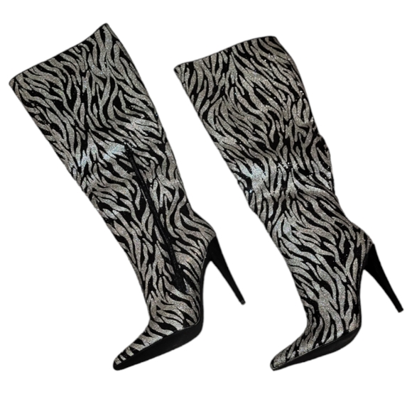 Shoe Dazzle Knee High Silver & Black Zebra Print High Heel Boots - Picture 4 of 9